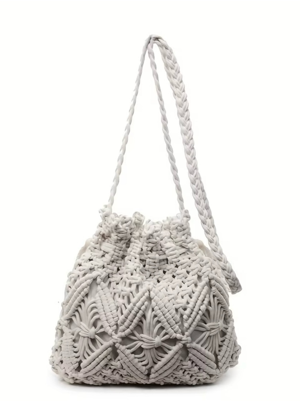 Macrame Drawstring Bucket Bag in Cream - Picture 2 of 4